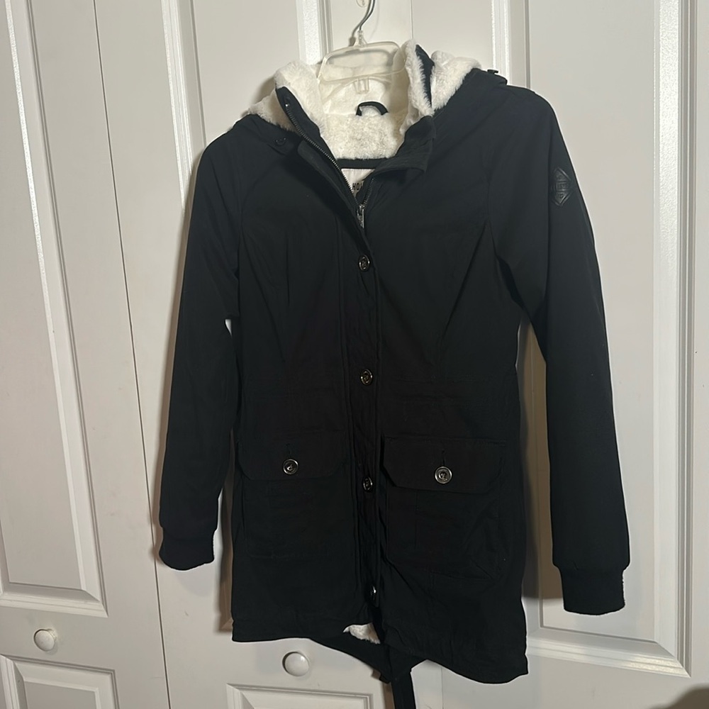 Hollister Heritage Collection black faux white fur lined heavy coat w/hood, S